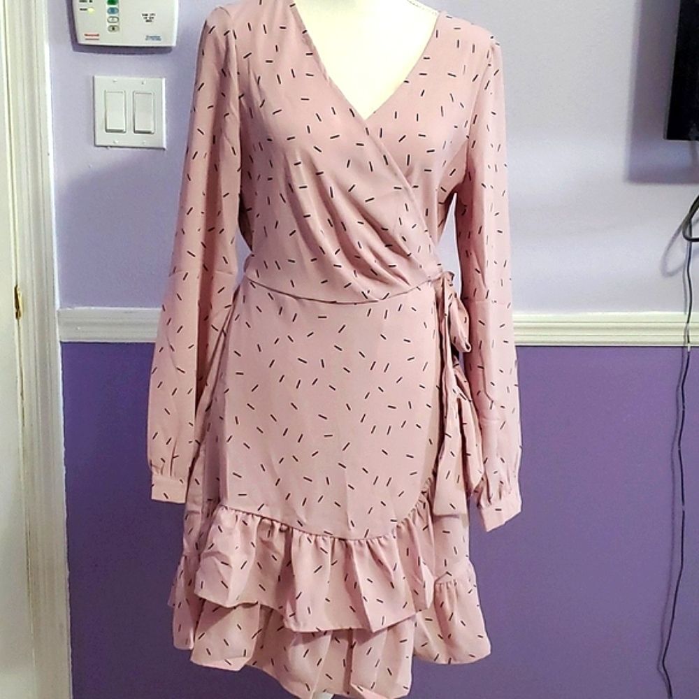Petalroz Romantic Fairy Chic Pink Long Sleeve Ruffled Faux Wrap Mini Dress M